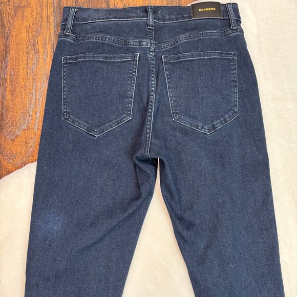 Express Skinny Jeans 6L Dark Wash Ripped Knee Raw Hem 6 Long Stretch High-Rise - Picture 5 of 9